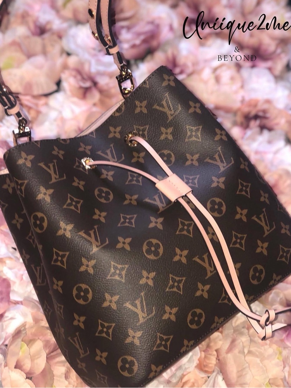 Monogram Bucket Shoulder Bag in Brown with Pink Trim